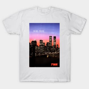 NEW YORK Nightfall Skyline Airplane Vintage Travel T-Shirt